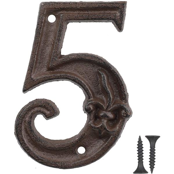 Vandicka Hausnummer aus Gusseisen - Landhausstil, Adressnummernschild, Antikbraun, Rost-Finish mit Fleur de Lis Prägung,11x7,7 cm - Ziffer 5