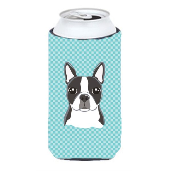 Caroline's Treasures BB1141TBC Checkerboard Blue Boston Terrier Tall Boy Hugger Can Cooler Sleeve Hugger Machine Washable Drink Sleeve Hugger Collapsible Insulator Beverage Insulated Holder