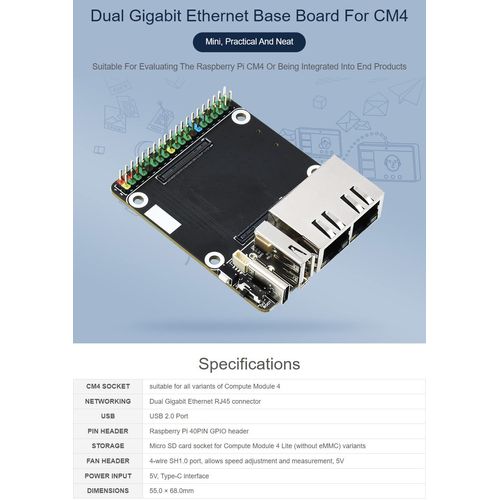 Waveshare Mini Dual Gigabit Ethernet Base Board Compatible with Raspberry Pi Compute Module 4 Suitable for All Variants of Compute Module 4, Only Including CM4-DUAL-ETH-MINI Baseboard