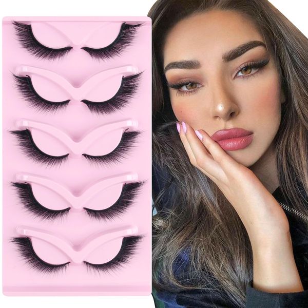 Parriparri False Eyelashes Fox Eye Lashes L Curl Sexy Cat Eye Eyelashes Soft Winged Angel Fake Lashes Wispy Lightweight Faux Mink Lashes (5 Pairs)