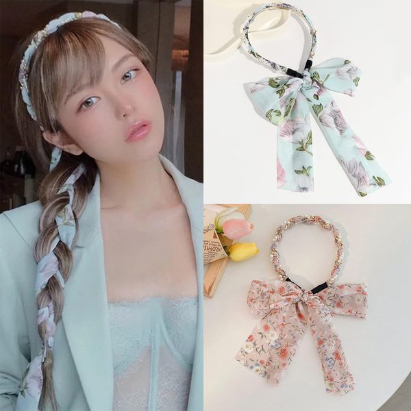 mdgfge Long Ribbon Headband Bow Hair Bands with Floral and Pearl Hairband Fashion Non-Slip Beach Ribbon Satin Fabric Scarf Head Band Ponytail Hairpin Magic Hair Clips for Women Girls Party Prom(2Pcs)