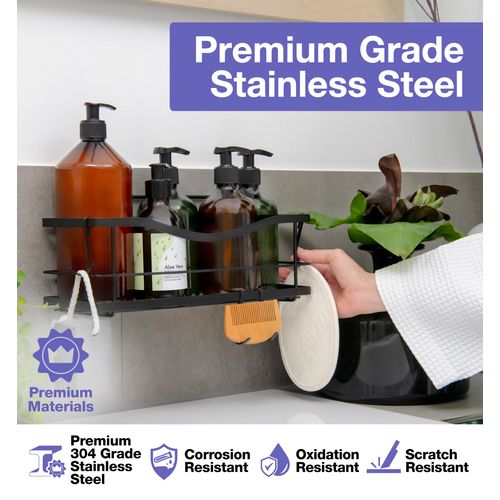 KINCMAX Shower Caddies (2 Pack), Rustproof Stainless Steel, Adhesive Wall Mount Baskets with 4 Hooks (Matte Black)