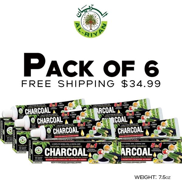 Organic Bamboo Charcoal herbal toothpaste pack of 6 Al Riyan 5in1, fluoride free