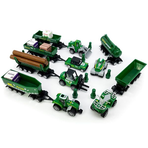 Kid's Farm Toys Tractor Trailer Trucks Vehicle Playset Grain Loader Forklift Pickup Tow Truck Towing Water Tank Log Transport, 12 Pieces Die Cast Farming Toy Vehicles Model Car, Boys Toy Gifts, green