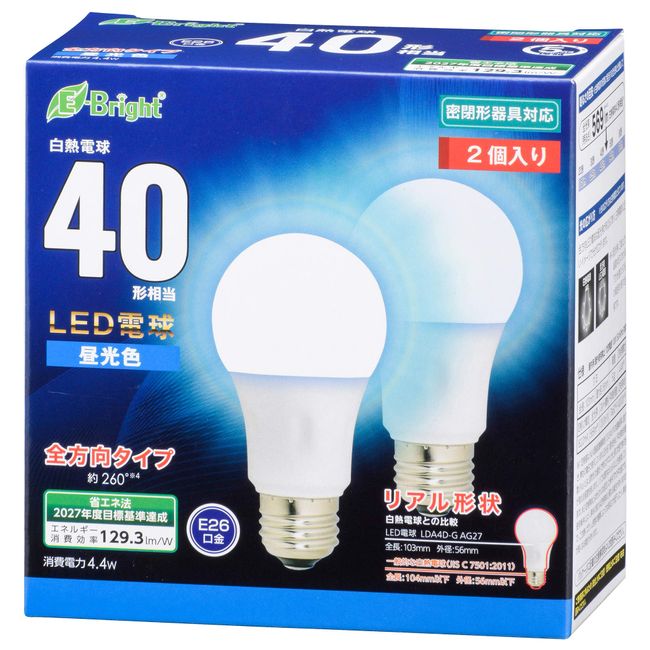 Ohm Electric LDA4D-G AG27 2P LED Bulb (40 Shape Equivalent/569lm/Daylight/E26/Omnidirectional Light Distribution/260°/Enclosed Fixture)