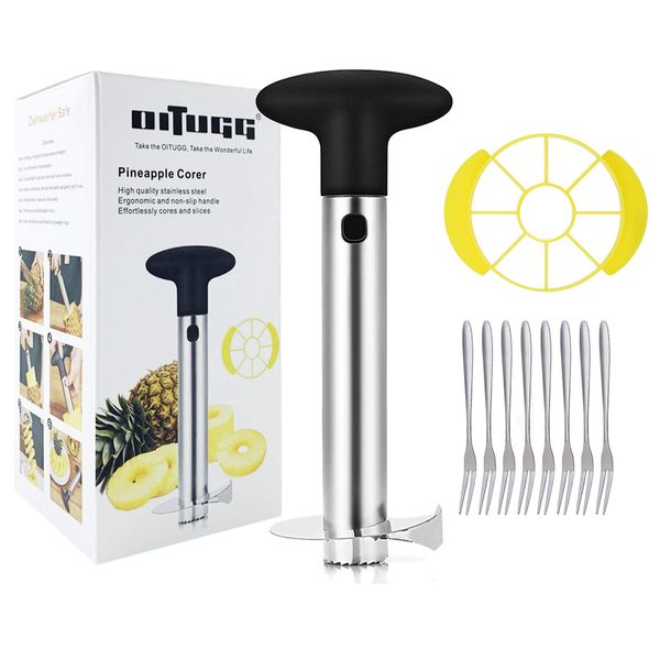 Pineapple Cutter Slicer and Corer: [3-in-1] Stainless Steel Pineapple Cutter for Pineapple Corer & Pineapple peels & Pineapple Slices - with 8 Pcs Fruit Forks [Black][Reinforced: Thicker Sharp Blade]