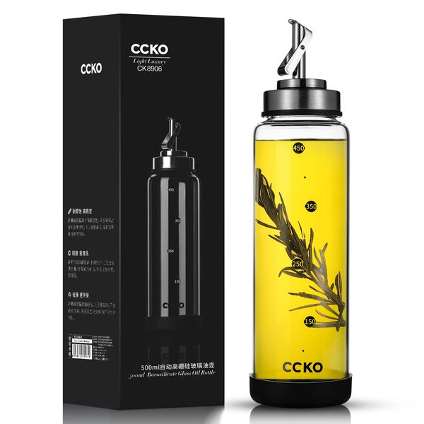 Glass Olive Oil Dispenser Bottle Shatterproof and Leakproof with Stainless Steel Spouts High Temperature Resistant 17oz Cooking Oil and Vinegar Cruet Dispenser