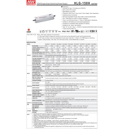 MEAN WELL HLG-150H-36A LED Driver Single Output Switching Power Supply, 150 Watt 36V @ 4.20A A Model, 150W