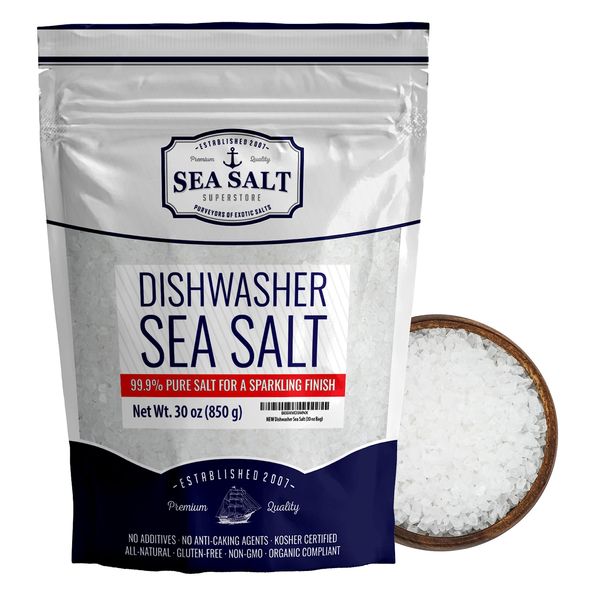 Dishwasher Salt - All-Natural Water Softener Salt for a Clean Finish - Compatible with Bosch, Miele, Thermador, Whirlpool Dishwashers and More - Food-Grade Coarse Sea Salt (30 oz Bag) - Sea Salt