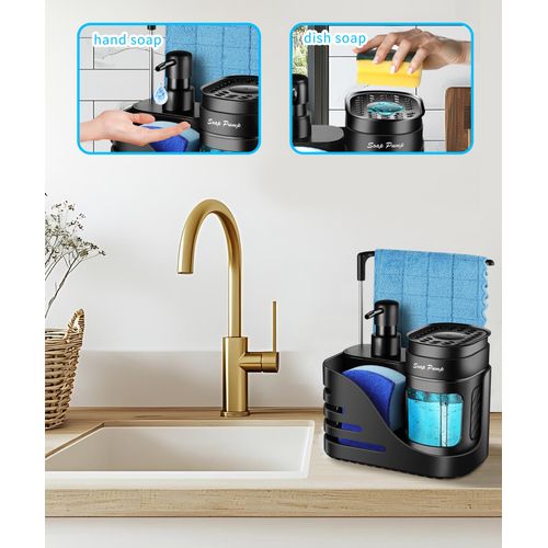 Kitchen Soap Dispenser Set, 4-in-1 Dual Hand and Dish Soap Dispenser with Sponge Holder and Dishcloth Holder for Kitchen Sink (Black)