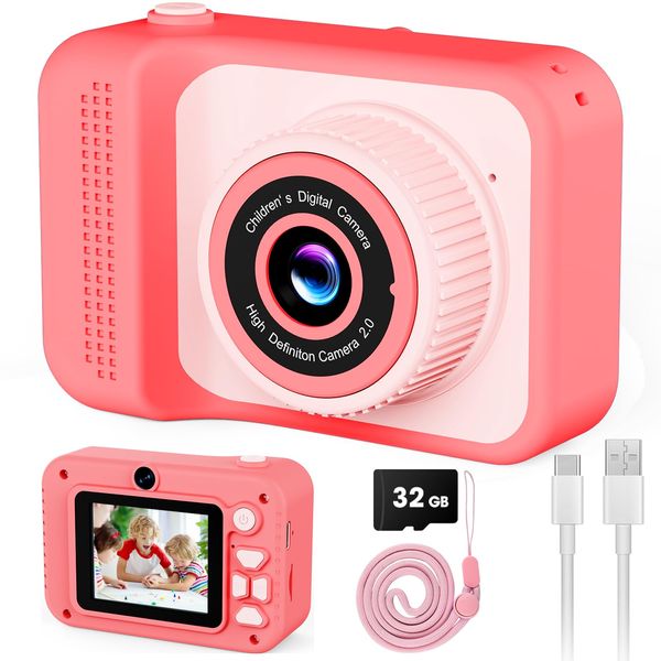 Kids Camera Toy for Age 3-8 Boys Girls, Birthday for Toddler3 4 5 6 7 8 Years Old, Children Selfie Digital Video Cameras with Protective Silicone Cover, 32GB SD Card, HD 1080p (Pink