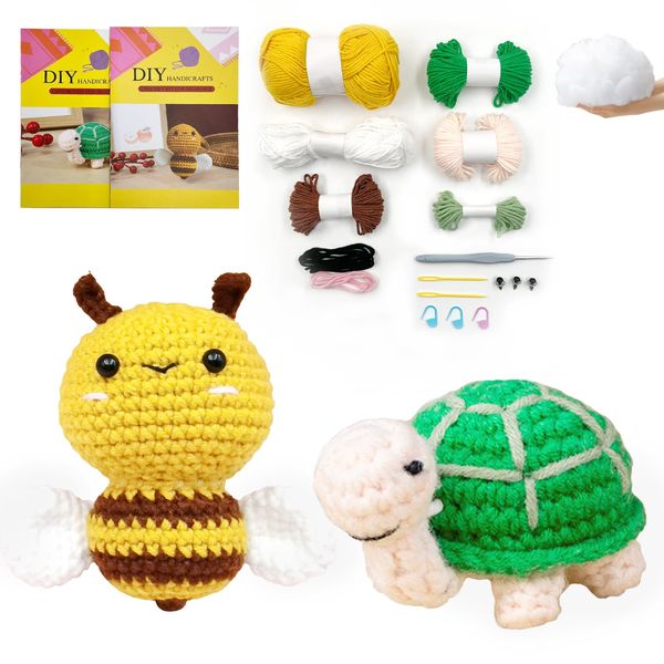 SNAIL GARDEN Turtle & Bee Woobles Crochet Kit, Crochet Material Kit,Animal Crochet Kits for Beginners Adults Kids,2 PCS DIY Crochet Yarn Kits Crochet Starter Kit with Step-by-Step Video Tutorials