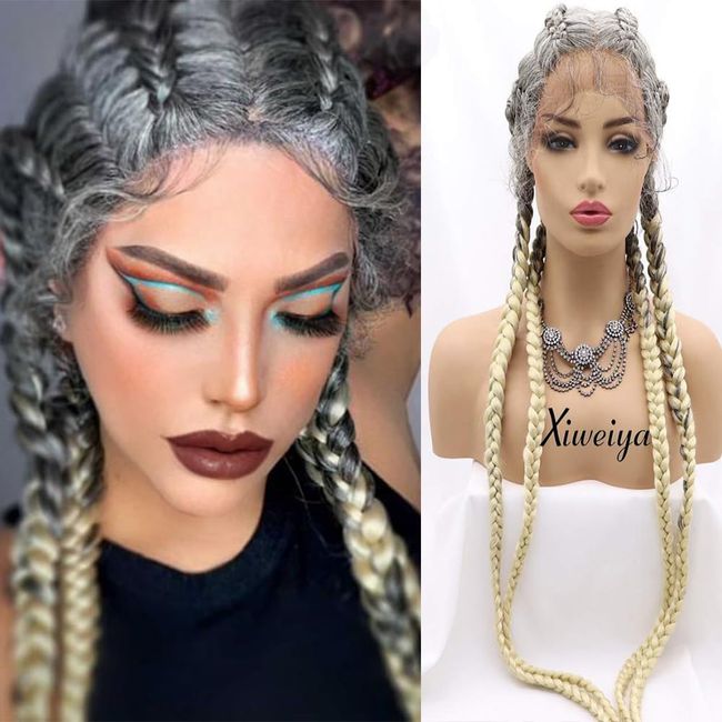 xiweiya 36inch Silver to Blonde Braided Wig Platinum Blonde Grey 4xTwist Dutch Braid Wig Cornrow Braided Wig with Baby Hairs Afro Braids Full Lace Front Wig Box Braid Wig French Braid Wig