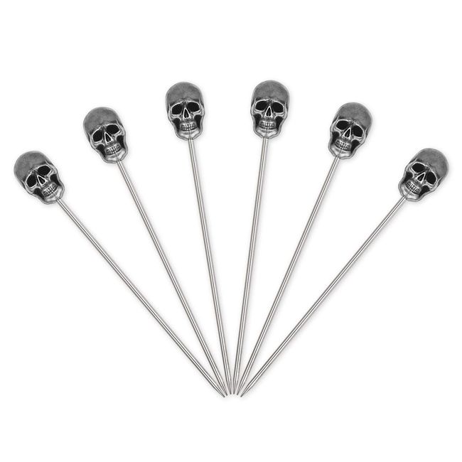 SCSpecial Skull Cocktail Picks 6 Pieces Stainless Steel Olive Picks Reusable Fruit Sticks for Halloween Party - Set A