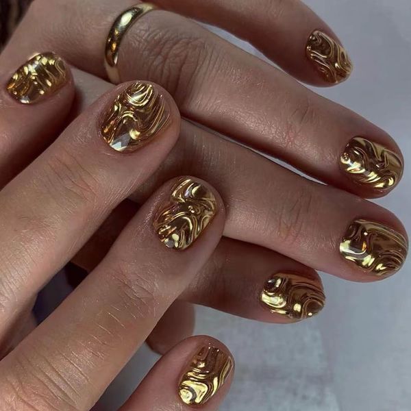 24pcs Short False Nails Gold Press on Nails 3D Gold Sculpture Fake Nails Stick on Nails Removable Glue-on Acrylic Full Cover Nails Women Girls Gifts Nail Art Accessories