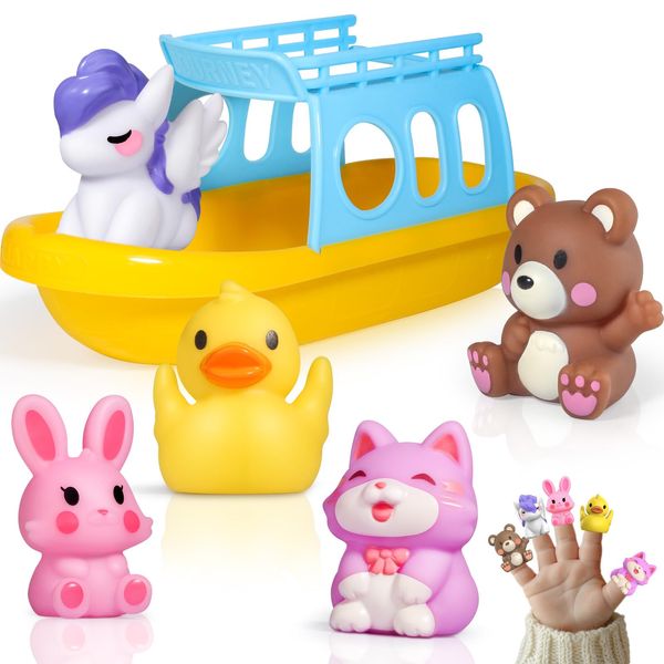 Oriate Montessori Bath Boat Toys for 1-3 Toddlers, Baby Sensory Learning Toy Set in The Bathtub, Pool, Beach, 5 PCS Silicone Animal Finger Puppets &1 Boat, for Kids