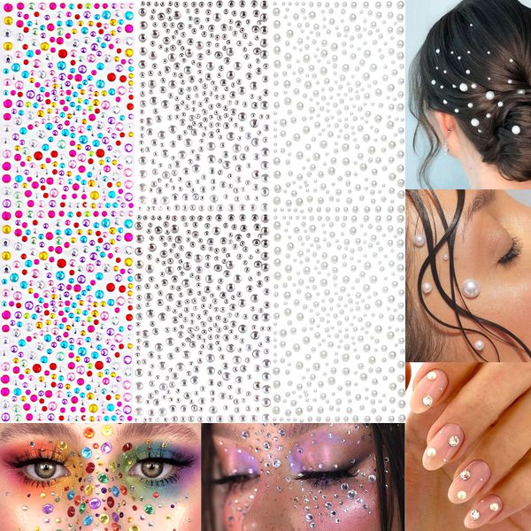 2100 Pcs Self Adhesive Rhinestones Face Gems Jewels for Makeup Pearl Eye Gems Stick On, Rainbow & Clear Flatback Rhinestones Pearl Stickers Hair Body Jewels Nail Art Christmas Craft Diy Festival Party