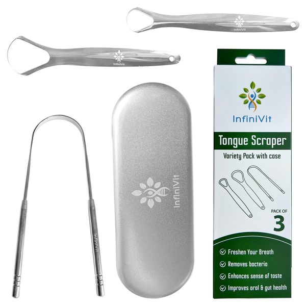 InfiniVit - Tongue Scraper Set with Travel Case | 3pcs 100% Stainless Steel Tongue Cleaner for Comprehensive Oral Care Hygiene & Bad Breath Management | Fresh Breath and Plaque Removal