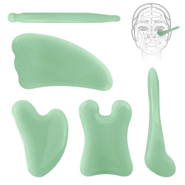 Guasha Viso Pietra, 5 Pezzi Gua Sha Giada Naturale, Gua Sha Facial Tools Gua Sha Massaggio Strumento per Raschiare la Cura Della Pelle del Vis, Relieve Tensions and Reduce Puffiness(Grün)