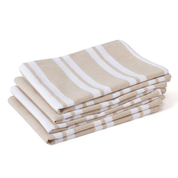 Encasa Tea Towels - Kitchen Dish towels Made With Eco-friendly Cotton & Highly Absorbent For Cleaning, Quick Drying Of Plates & Glasses X-large, 18 x 28 inch|Franca Beige Stripes (Set of 4 pieces)