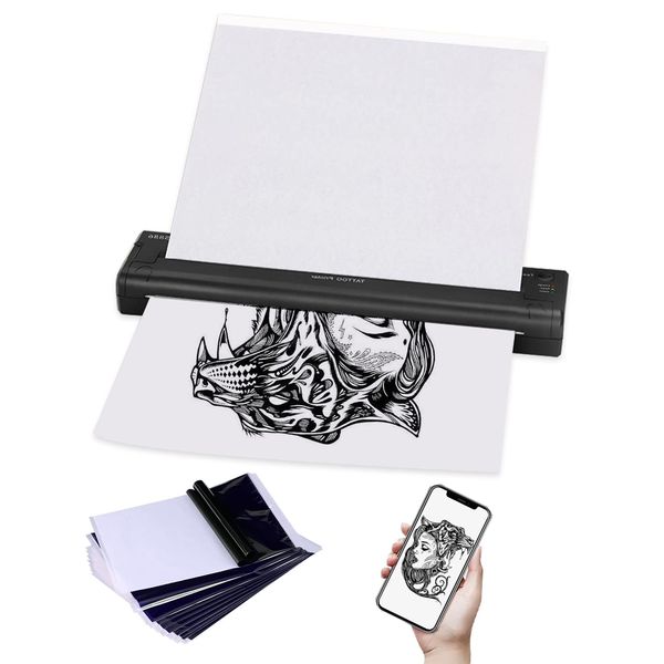 YILONG Stencil Printer for Tattooing Mini Portable Tattoo Transfer Machine USB Wireless Bluetooth Black Tattoo Printer with 15pcs Tattoo Transfer Papers