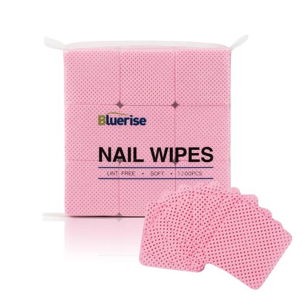 BLUERISE Lint Free Nail Wipes Pink 1200pcs Nail Polish Remover Pads Soft Absorbable Eyelash Extension Glue Cleaning Wipes