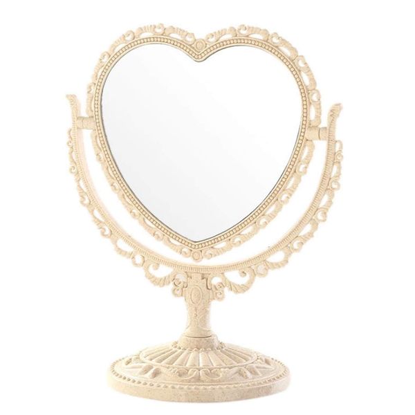 Queen-b Tabletop Mirror, Heart Shape, Cute, Stylish, Makeup, Cosmetics, Beauty, Makeup Mirror, Stand, 360° Rotation, Girls, Princess, Convenient Desk, Gift (Beige)