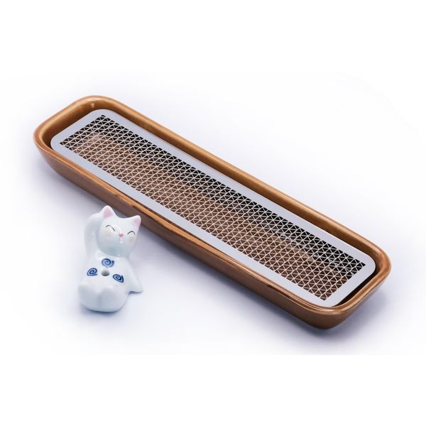 Incense Holder Stylish Design, Incense Burner Set that can be placed horizontally with Incense Holder, Perfect for Healing Incense, Buddhist Altar Supplies, Cute Cat and Rabbit Incense Holder (Brown