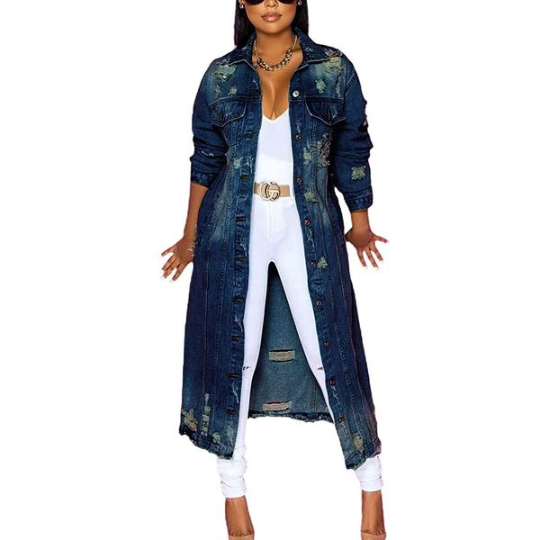 ebossy Women's Ripped Out Distressed Washed Long Blue Denim Jacket Trench Coat (X-Large, Navy Blue)