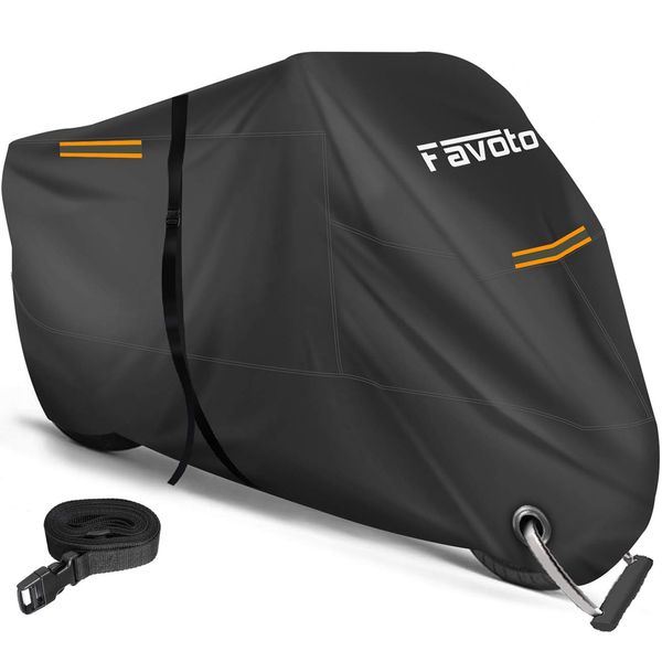 Favoto Motorcycle Cover, Thick, Windproof, Dustproof, Rainproof, Waterproof, Snowproof, UV Protection, UV Protection, Anti-Theft, Durable, 6.5 ft (2.5 m) Windproof Belt, One-Touch Buckle, Locking