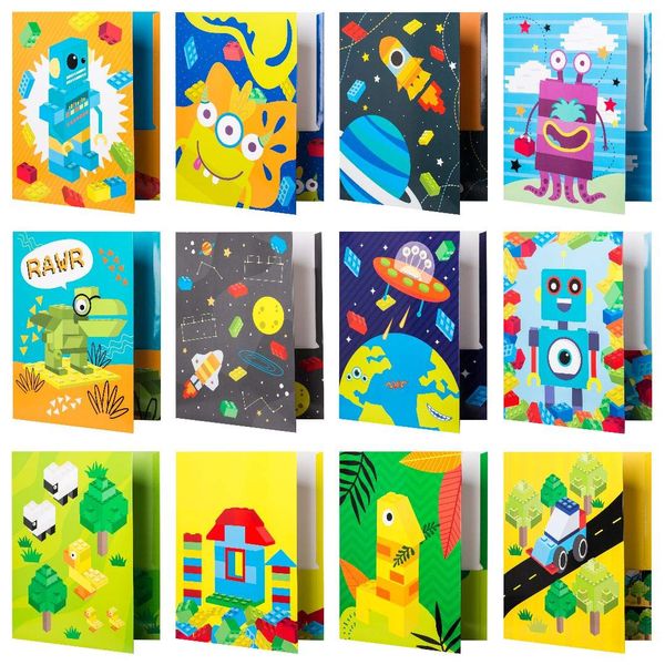 Kids Pocket Folders - 12 Homework Folders in Futuristic Robots, Spaceships and Blocks Themes - Kids Folders with Pockets -12 Unique Designs in Front and Back Cover- 2 x 9.25 inch (12 Pack)