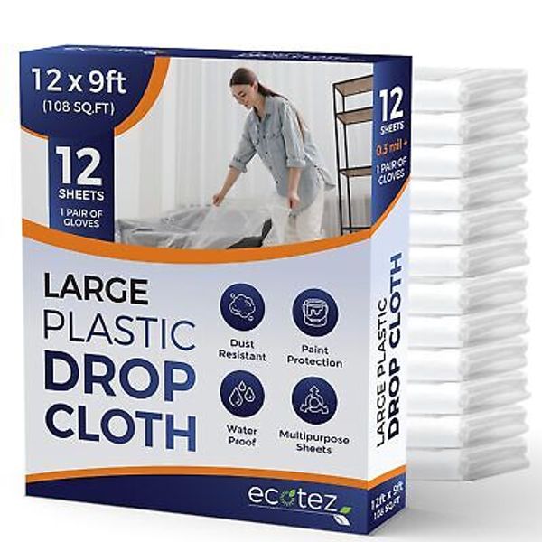 12 Pack 12 X 9 Ft Extra Large Painterโ€s Plastic Drop Cloth Painting Sheetlight