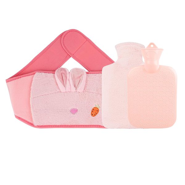 Hot Water Bottle Belt, 51inch/130cm 1L Hot Water Bottle with Cover UK Rabbit Wearable Wrap Around Hot Water Bottle Adult for Period, Neck, Back, Shoulder Pain Relief (Pink)