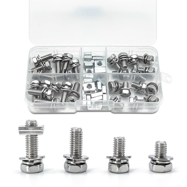 56Pcs Stainless Steel Motorcycle Battery Terminal Nuts and Bolt Kit, M6 x 10mm 12mm 16mm 20mm Bolt Square Nut Kit Stainless Steel Motorcycle Battery Screw and Nut, Ideal for ATV and Scooter Battery