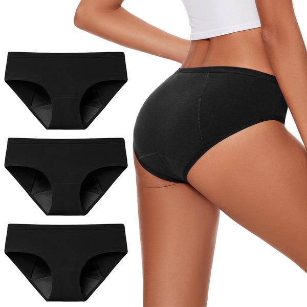 Molasus Period Underwear for Women Washable Incontinence Pants High Absorbency Protective Menstrual Knickers Ladies Postpartum Bladder Control Leakproof Cotton Briefs Multipack Black Small