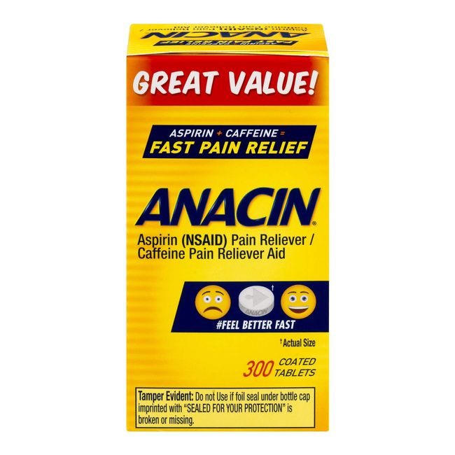 Anacin Aspirin/Caffeine Pain Reliever Aid | Fast Pain Relief | 300 Tablets