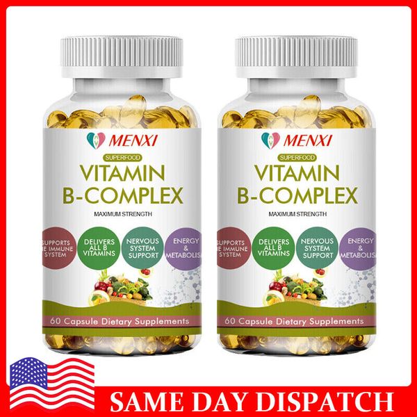 2 Bottles Vitamin B Complex Caps B1,B2,B3,B5,B6,B7,B9,B12, Immune Support Pills