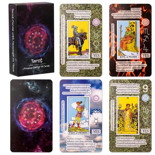 Tarot Cards with Meanings on Them, Tarot Cards for Beginner, Learning Tarot Cards Set, Tarot Deck Fortune Telling Game, Keywords, Chakra, Planet, Zodiac, Element, Yes or No, Affirmations