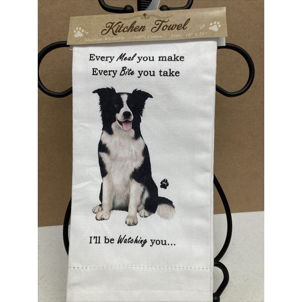 Dog Lovers Gift Kitchen White Tea Towel Border Collie Breed 18”x26” NWT