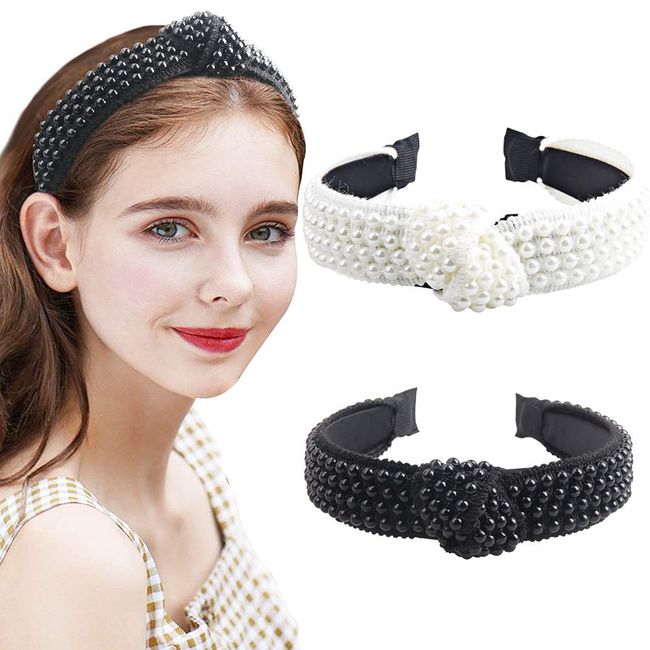 Hogoo Pearl Headband for Women Girls, 2Pack Black White Knot Headband Elastic Hair Bands for Women Turbans Beaded Headband Hoops Hair Accessories for Women Wedding Bridal Party