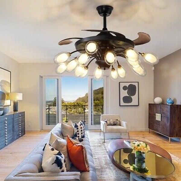 42” Invisible Ceiling Fan Reversible Blades 16-Light Sputnik Chandelier 6 Speeds