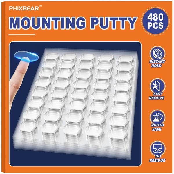 PHIXBEAR 480 Pcs Mounting Putty, Sticky Tack for Wall Hanging Things, Clear Tacky Wall Putty fits Pictures Poster, Removable Non Marking Adhesive Dots 0.31" X 0.51"