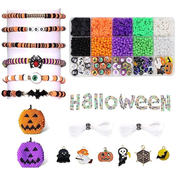 WJFORLION Halloween Beads Clay Beads for Bracelets Jewelry Making Kit, Rubber Band Bracelet Making Kit for Arts Crafts DIY Birthday Gifts (2086pcs)