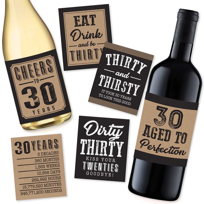 6 30th Birthday Wine or Beer Bottle Labels Stickers Present, 1991 Dirty Thirsty Thirty Bday Gifts for Him Men, Cheers to 30 Years, Funny Unique Party Decorations and Novelty Supplies for Man Husband