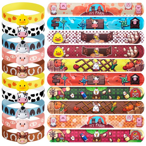 DMIGHT 30 PCS Farm Animal Party Favors 10 Silicone Wristbands 20 Slap Bracelets Themed Birthdays Party Supplies Decorations Decor Cow Barn Animals Sheep Pig Horse Tractor Pattern Girls Boys Gifts