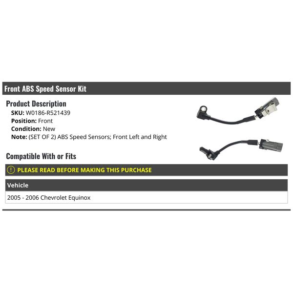 Front ABS Speed Sensor Kit - 2 Piece - Compatible with 2005-2006 Chevy Equinox