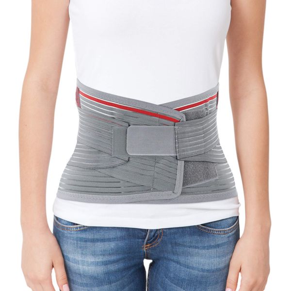 ORTONYX Lumbar Support Belt Lumbosacral Back Brace – Ergonomic Design and Breathable Material - lower back pain relief warmer stretcher - M/L (Waist 31.5"-39.4") Gray/Red