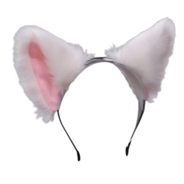 Junfamilee White Pink Cute Cat Ears Headband Long Fur Fox Ears Cosplay Headband with Bells Headwear Hairband for Party Costume Halloween Hairhoop Women's Costume Headwear