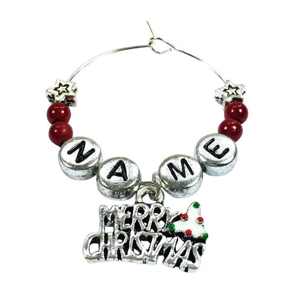 Libby's Market Place Personalised Name Merry Christmas Wine Glass Charm on a Display Gift Card