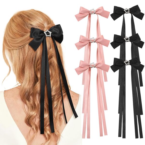 6 PCS Hair Bows for Women-Silky Satin Hair Ribbon Hair Bow Clips Tassel Bowknot Hair Clips with Long Tail Star Bow Hair Barrettes Bow Accessories for Women Girls(pink+black）